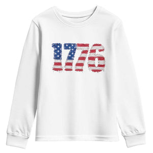 Distressed Faux Patchwork 1776 USA Flag Youth Sweatshirt Vintage Effect Printing Patriotic Graphic 4th Of July Independence Day
