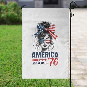 America 250 Years Garden Flag 250th Anniversary USA Patriotic Girl Messy Bun 1776 2026