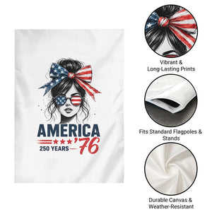 America 250 Years Garden Flag 250th Anniversary USA Patriotic Girl Messy Bun 1776 2026