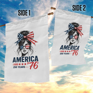 America 250 Years Garden Flag 250th Anniversary USA Patriotic Girl Messy Bun 1776 2026