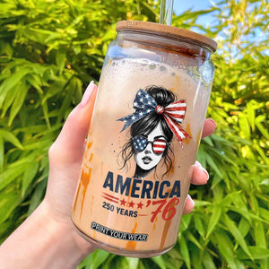 America 250 Years Glass Can 250th Anniversary USA Patriotic Girl Messy Bun 1776 2026