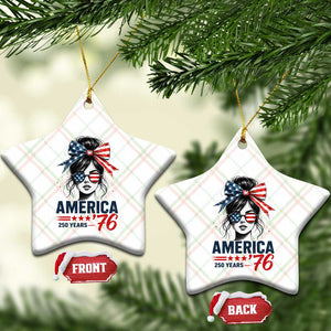 America 250 Years Ceramic Ornament 250th Anniversary USA Patriotic Girl Messy Bun 1776 2026