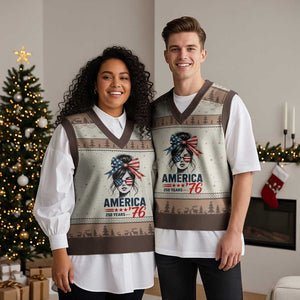 America 250 Years V-Neck Knit Sweater Vest 250th Anniversary USA Patriotic Girl Messy Bun 1776 2026