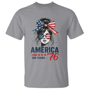 America 250 Years T Shirt 250th Anniversary USA Patriotic Girl Messy Bun 1776 2026