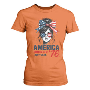 America 250 Years T Shirt For Women 250th Anniversary USA Patriotic Girl Messy Bun 1776 2026