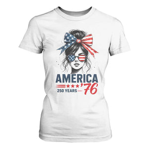 America 250 Years T Shirt For Women 250th Anniversary USA Patriotic Girl Messy Bun 1776 2026