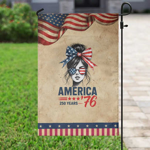 America 250 Years Patriotic Garden Flag 250th Anniversary USA Girl Messy Bun 1776 2026