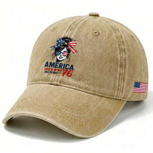 America 250 Years Washed Cotton Baseball Cap 250th Anniversary USA Patriotic Girl Messy Bun 1776 2026