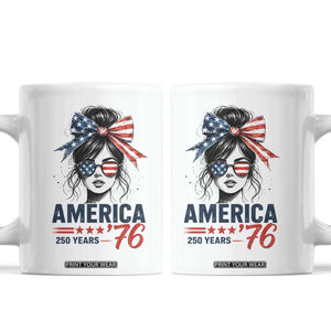 America 250 Years Coffee Mug 250th Anniversary USA Patriotic Girl Messy Bun 1776 2026