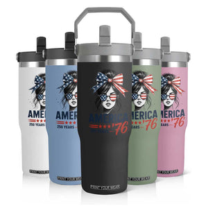 America 250 Years Flip Straw Tumbler 250th Anniversary USA Patriotic Girl Messy Bun 1776 2026