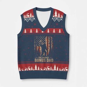 One Badass Bonus Dad V-Neck Knit Sweater Vest Vintage Bigfoot Stepdad American Flag TS10 Navy Red Print Your Wear