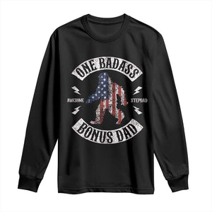 One Badass Bonus Dad Long Sleeve Shirt Vintage Bigfoot Stepdad Birthday Step Dad US Flag TS10 Black Print Your Wear