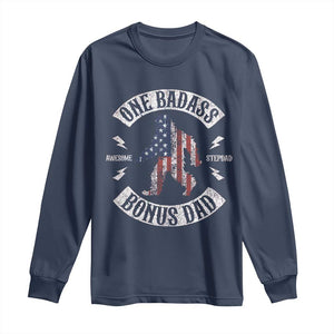 One Badass Bonus Dad Long Sleeve Shirt Vintage Bigfoot Stepdad Birthday Step Dad US Flag TS10 Navy Print Your Wear