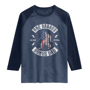 One Badass Bonus Dad Raglan Shirt Vintage Bigfoot Stepdad Birthday Step Dad US Flag TS10 Heather Denim Navy Print Your Wear