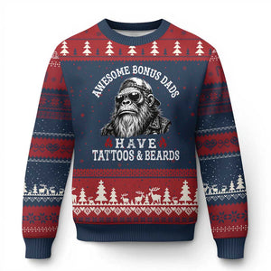 Funny Bigfoot Stepdad Ugly Christmas Sweater Awesome Bonus Dads Have Tattoos And Beards TS10 Navy Red Print Your Wear