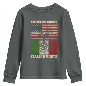 American Grown Italian Roots Youth Sweatshirt USA Italy Flag Family Tree Italian TS10 Dark Heather Print Your Wear