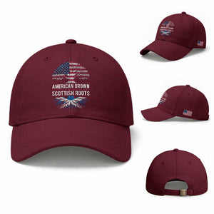 American Grown With Scottish Roots Baseball Cap Family Heritage USA Scotland Pride Gift TS10 Baseball Cap Universal Fit Maroon Print Your Wear