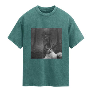 Cat Selfie With Wendigo Washed Cotton T-Shirt Horror Halloween Funny Cat Gifts