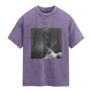 Cat Selfie With Wendigo Washed Cotton T-Shirt Horror Halloween Funny Cat Gifts