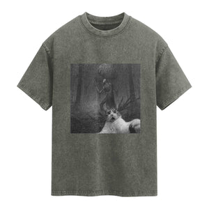 Cat Selfie With Wendigo Washed Cotton T-Shirt Horror Halloween Funny Cat Gifts