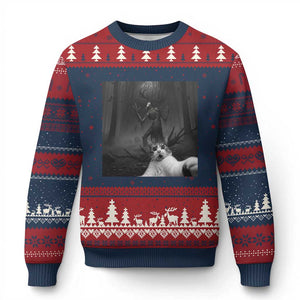 Cat Selfie With Wendigo Ugly Christmas Sweater Horror Halloween Funny Cat Gifts TS10 Navy Red Print Your Wear