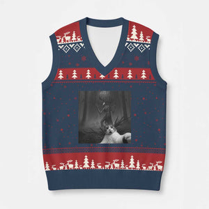 Cat Selfie With Wendigo V-Neck Knit Sweater Vest Horror Halloween Funny Cat Gifts TS10 Navy Red Print Your Wear