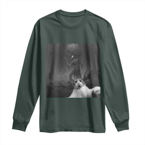 Cat Selfie With Wendigo Long Sleeve Shirt Horror Halloween Funny Cat Gifts TS10 Dark Forest Green Print Your Wear