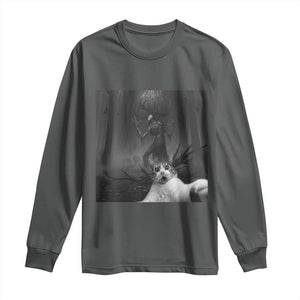 Cat Selfie With Wendigo Long Sleeve Shirt Horror Halloween Funny Cat Gifts TS10 Dark Heather Print Your Wear