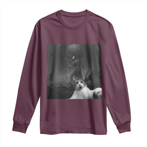 Cat Selfie With Wendigo Long Sleeve Shirt Horror Halloween Funny Cat Gifts TS10 Maroon Print Your Wear