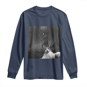 Cat Selfie With Wendigo Long Sleeve Shirt Horror Halloween Funny Cat Gifts TS10 Navy Print Your Wear