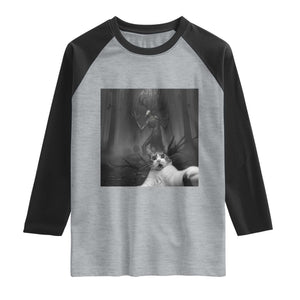 Cat Selfie With Wendigo Raglan Shirt Horror Halloween Funny Cat Gifts TS10 Heather Gray Black Print Your Wear