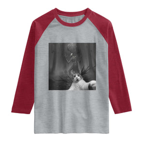 Cat Selfie With Wendigo Raglan Shirt Horror Halloween Funny Cat Gifts TS10 Heather Gray Heather Red Print Your Wear
