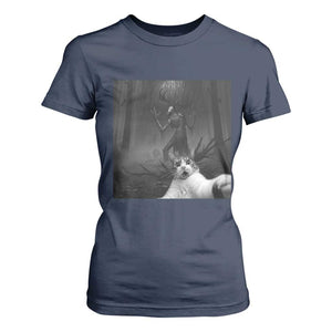 Cat Selfie With Wendigo T Shirt For Women Horror Halloween Funny Cat Gifts TS10 Navy Print Your Wear