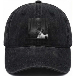 Cat Selfie With Wendigo Washed Cotton Baseball Cap Horror Halloween Funny Cat Gifts TS10 Print Your Wear