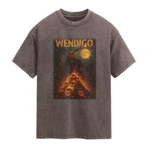 Wendigo Washed Cotton T-Shirt Halloween Cryptid Horror Mythical Creature