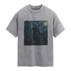 Wendigo Starry Night Washed Cotton T-Shirt Van Gogh Dark Fantasy Cryptid Lovers