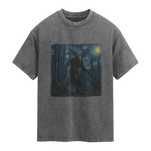 Wendigo Starry Night Washed Cotton T-Shirt Van Gogh Dark Fantasy Cryptid Lovers