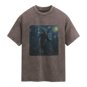 Wendigo Starry Night Washed Cotton T-Shirt Van Gogh Dark Fantasy Cryptid Lovers