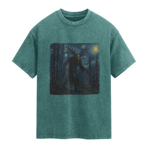 Wendigo Starry Night Washed Cotton T-Shirt Van Gogh Dark Fantasy Cryptid Lovers