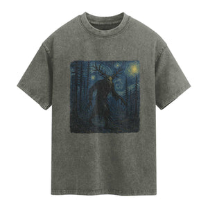 Wendigo Starry Night Washed Cotton T-Shirt Van Gogh Dark Fantasy Cryptid Lovers
