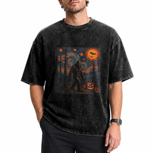 Bigfoot Starry Night Washed Cotton T-Shirt Funny Halloween Van Gogh Sasquatch Lovers