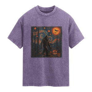 Bigfoot Starry Night Washed Cotton T-Shirt Funny Halloween Van Gogh Sasquatch Lovers