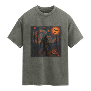 Bigfoot Starry Night Washed Cotton T-Shirt Funny Halloween Van Gogh Sasquatch Lovers