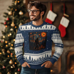 Bigfoot Starry Night Ugly Christmas Sweater Funny Halloween Van Gogh Sasquatch Lovers TS10 Navy Beige Print Your Wear