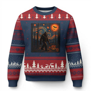 Bigfoot Starry Night Ugly Christmas Sweater Funny Halloween Van Gogh Sasquatch Lovers TS10 Navy Red Print Your Wear