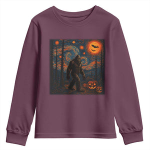 Bigfoot Starry Night Youth Sweatshirt Funny Halloween Van Gogh Sasquatch Lovers TS10 Maroon Print Your Wear