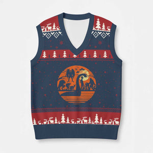 Cryptid Monsters V-Neck Knit Sweater Vest Bigfoot Loch Ness Monster Mothman Aliens Weirdcore Folk Horror TS10 Navy Red Print Your Wear