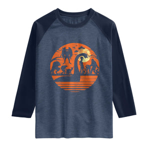 Cryptid Monsters Raglan Shirt Bigfoot Loch Ness Monster Mothman Aliens Weirdcore Folk Horror TS10 Heather Denim Navy Print Your Wear