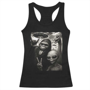 Bigfoot Alien Loch Ness Monster Racerback Tank Top Funny Cryptid UFO Selfie Sasquatch Rock On - Print Your Wear