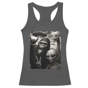 Bigfoot Alien Loch Ness Monster Racerback Tank Top Funny Cryptid UFO Selfie Sasquatch Rock On - Print Your Wear